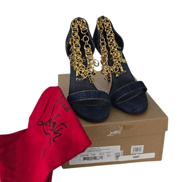 Christian Louboutin Gourmi Sandal 100 Denim Gold Charm Anklet Heel 39 w/ Box - Picture 3 of 16